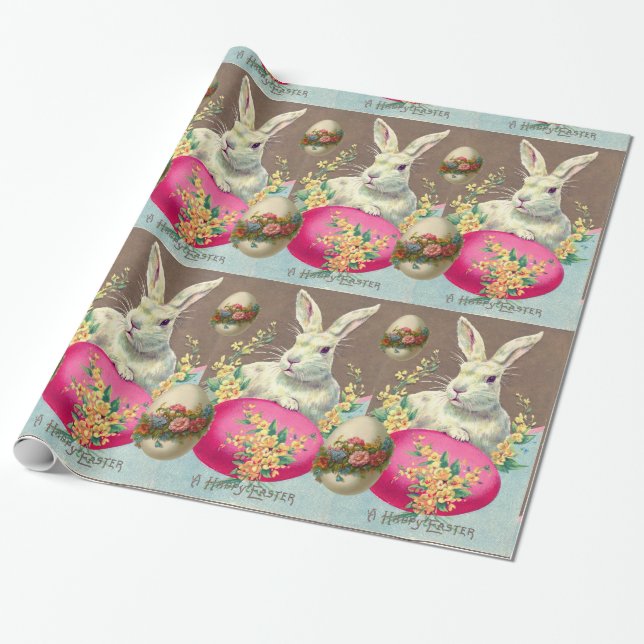 WHITE RABBIT WITH EASTER EGG AND SPRING FLOWERS WRAPPING PAPER (Unrolled)