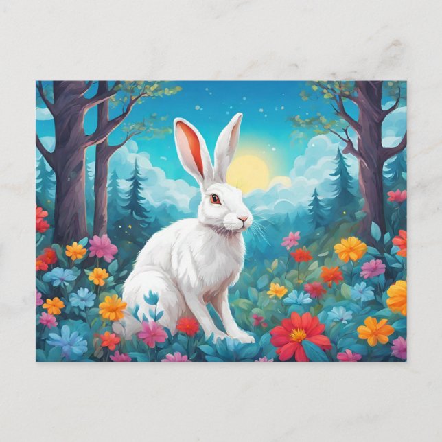 White Rabbit with Forest Flowers Nature  Holiday Postcard (Front)