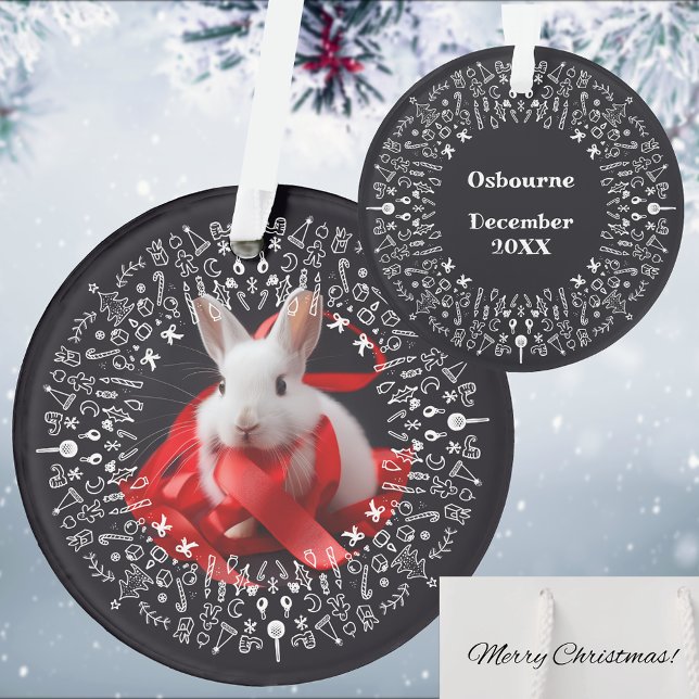 White rabbit with red ribbon on Black Holiday Ornament (Creator Uploaded)