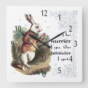 White Rabbit Wonderland Clock, The Hurrier I go Square Wall Clock