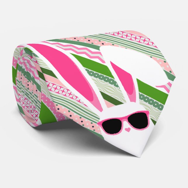White Rabbits on Pink and Green Stripes, Easter Tie (Rolled)