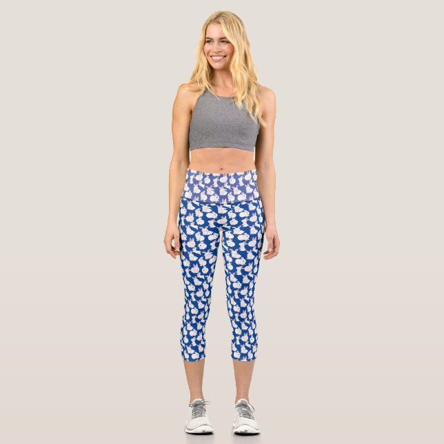 White rabbits pattern 01.bw Blue BG Capri Leggings (Front)