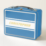 White Racing Stripes Gold Monogram Boys Kids Blue Metal Lunch Box<br><div class="desc">Create your own custom, personalised, cool, classy, stylish, classic, white racing stripes design, faux gold typography / script / font monogram monogrammed, modern, chic, adorable, durable food safe tin plate, food contact safe interior material, classic style kids girls boys light blue metal school lunch box with collapsible black plastic handles....</div>