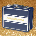 White Racing Stripes Gold Monogram Kids Boys Blue Metal Lunch Box<br><div class="desc">Create your own custom, personalised, cool, classy, stylish, classic, white racing stripes design, faux gold typography / script / font monogram monogrammed, modern, chic, adorable, durable food safe tin plate, food contact safe interior material, classic style kids girls boys blue metal school lunch box with collapsible black plastic handles. Simply...</div>