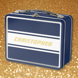 White Racing Stripes Gold Monogram Kids Boys Blue Metal Lunch Box