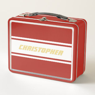 White Racing Stripes Gold Monogram Kids Boys Red Metal Lunch Box