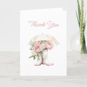 White Rain Boots & Pink Peonies Bridal Shower Thank You Card