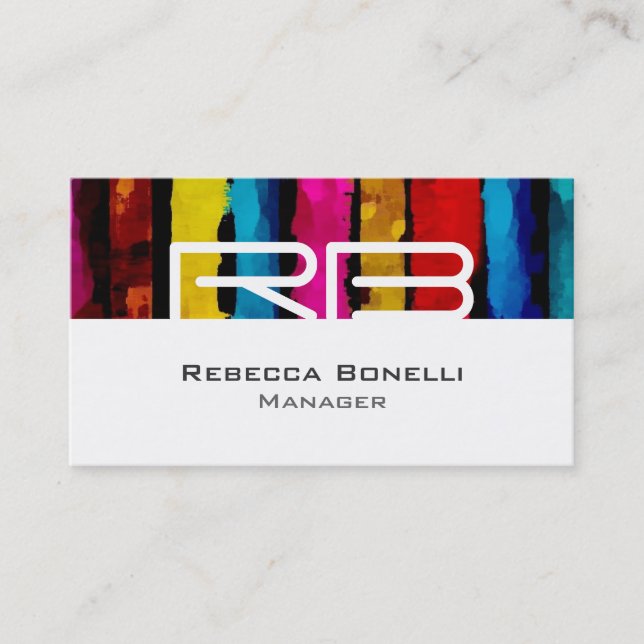 White Rainbow Colour Monogram Manager Business Car Card (Front)