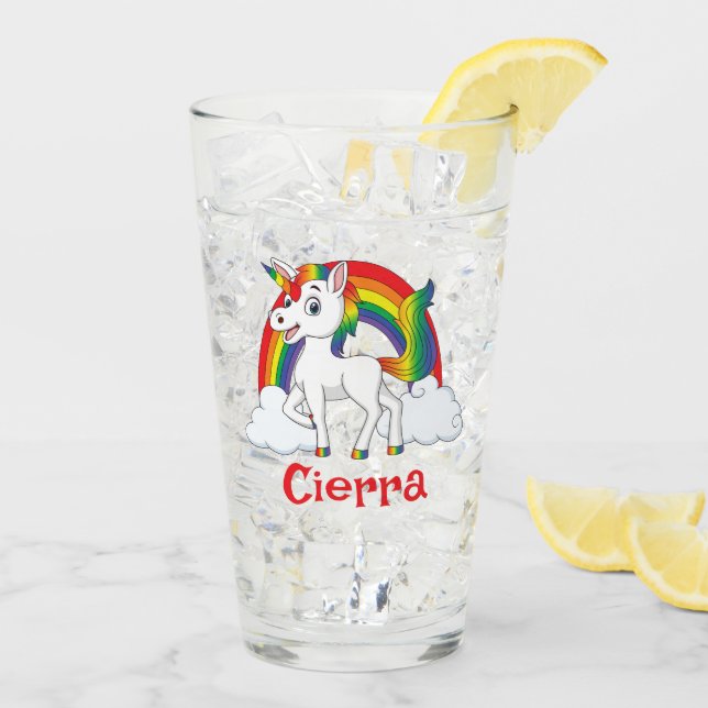 White & Rainbow Unicorn Personalised Name Glass (Back Ice)