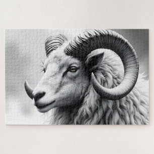 White Ram in Black and White Jigsaw Puzzle