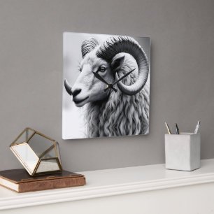 White Ram in Black and White Square Wall Clock