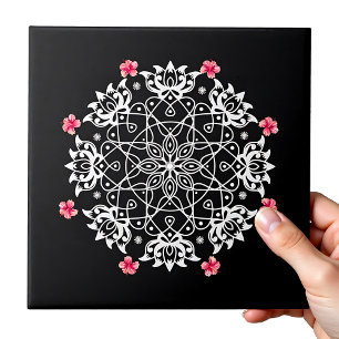 White Rangoli with hibiscus Ceramic Tile