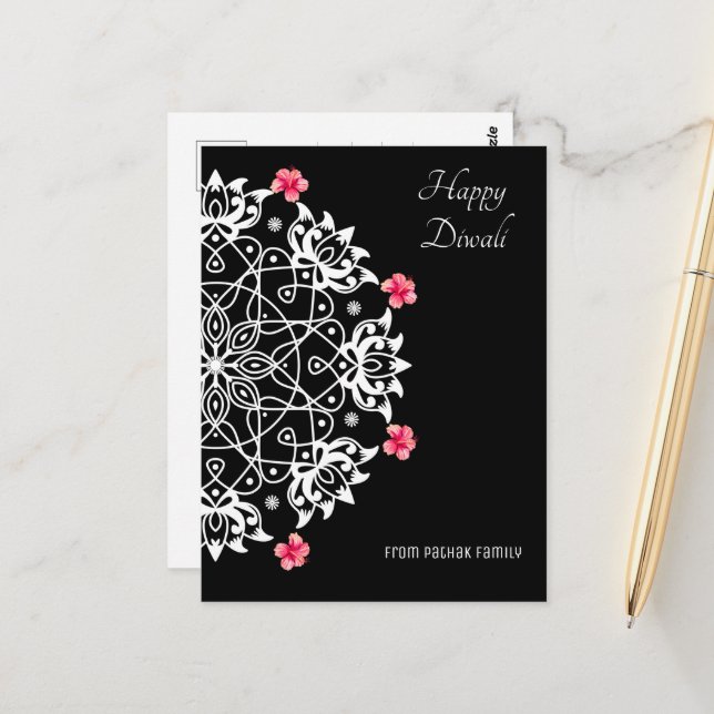 White Rangoli with hibiscus  Postcard (Front/Back In Situ)