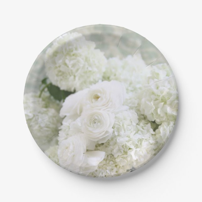 White ranunculus and hydrangeas paper plate (Front)