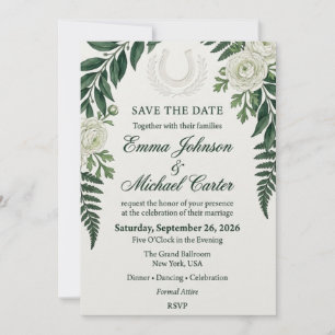 White Ranunculus, Fern, Horseshoe Motif, and Water Invitation
