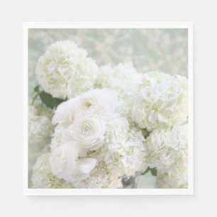 White ranunculus flowers with hydrangeas napkin