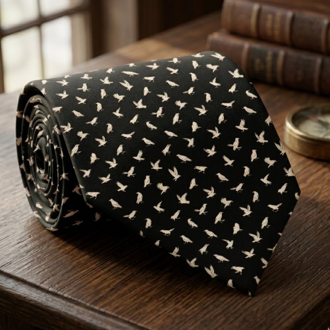 White Raven Bird Pattern – Gothic Groom Gift Tie (White raven gothic black neck tie)
