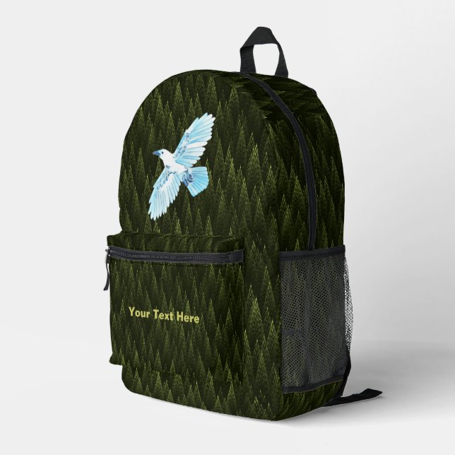 White Raven on Fractal Conifers Printed Backpack (Back Corner Right)