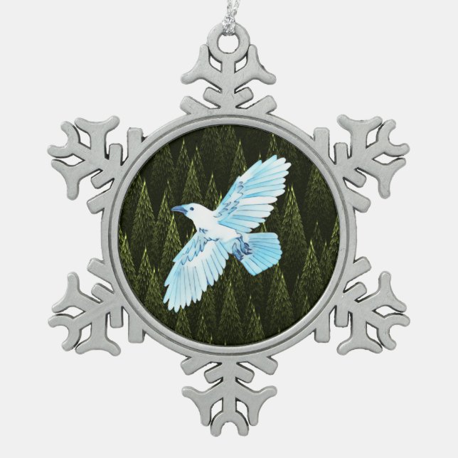 White Raven on Fractal Conifers Snowflake Pewter Christmas Ornament (Front)