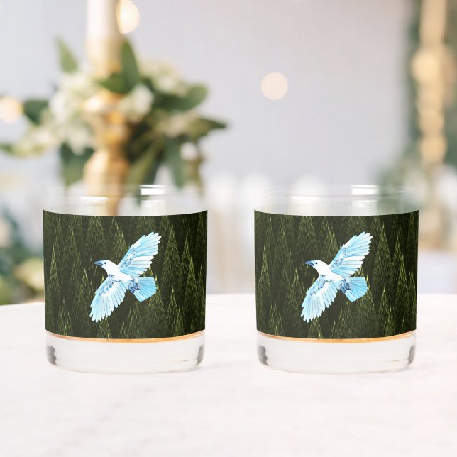 White Raven on Fractal Conifers Whiskey Glass (Insitu (Wedding))