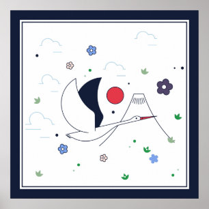 White, Red and Dark-blue Abstract Flying Crane Poster