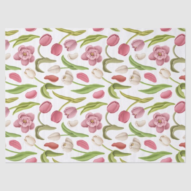 White, Red, and Pink Tulips on White Decoupage Tissue Paper (Front)