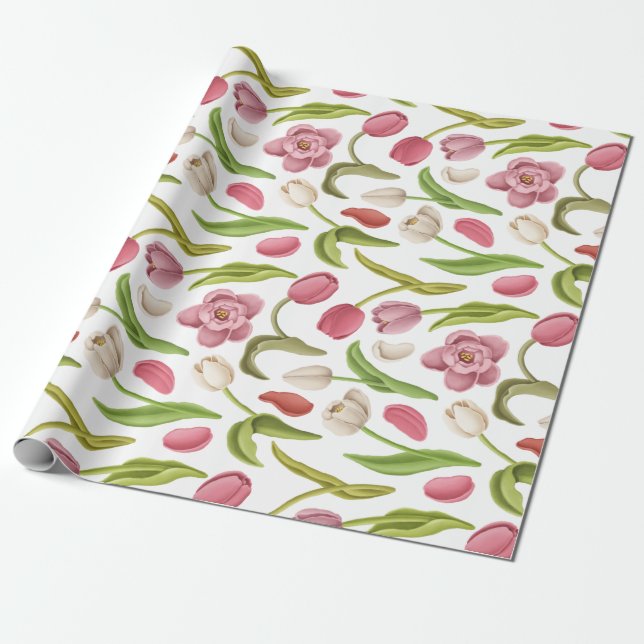 White, Red, and Pink Tulips on White Decoupage Wrapping Paper (Unrolled)