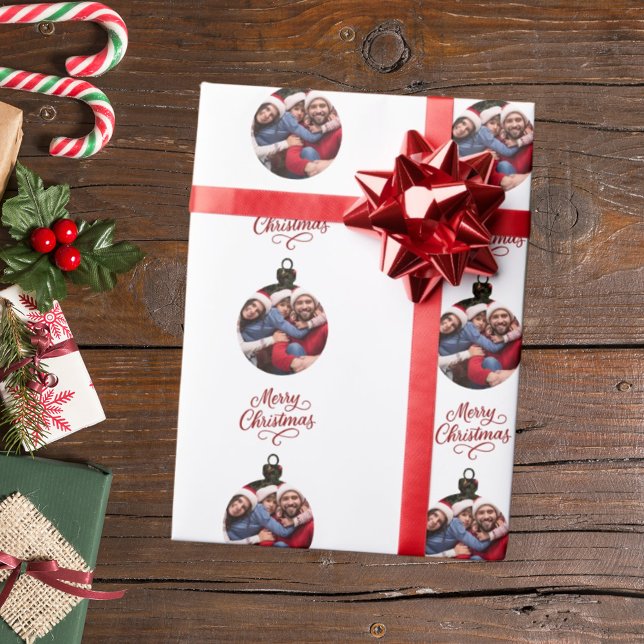 White red bauble photo fun script Christmas Wrapping Paper (Creator Uploaded)