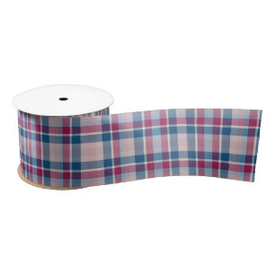 White, Red & Blue Lines Plaid Pattern Satin Ribbon