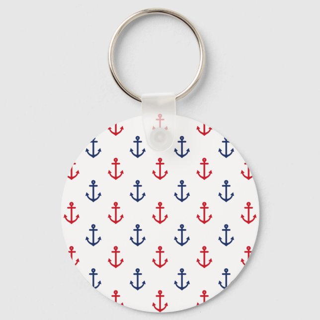 White Red Blue Nautical Anchor Pattern Key Ring (Front)