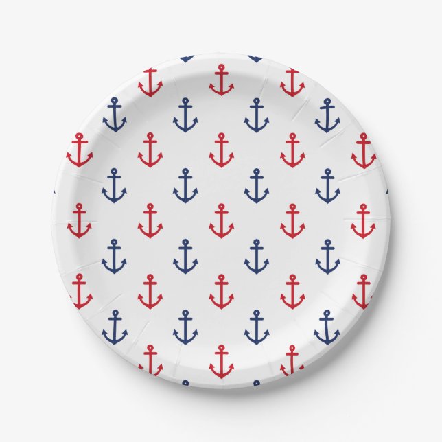 White Red Blue Nautical Anchor Pattern Paper Plate (Front)
