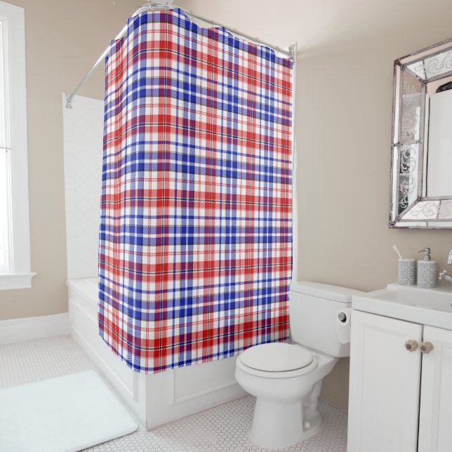 White Red Blue Plaid Tartan Design  Shower Curtain (In Situ)