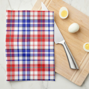 White Red Blue Plaid Tartan Design  Tea Towel