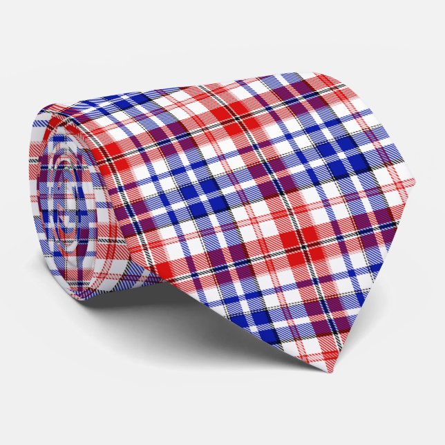 White Red Blue Plaid Tartan Design  Tie (Rolled)