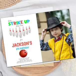 White Red Bowling Birthday Invitations with photo