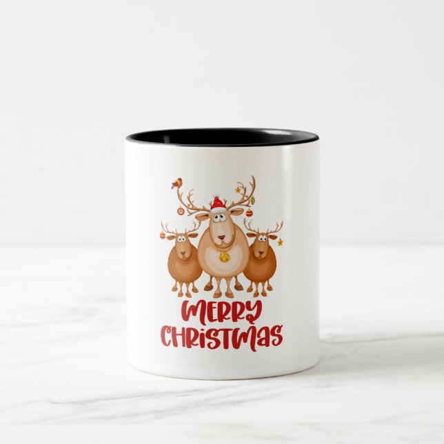 White Red Brown Cute Reindeer Merry Christmas Two-Tone Coffee Mug (Center)
