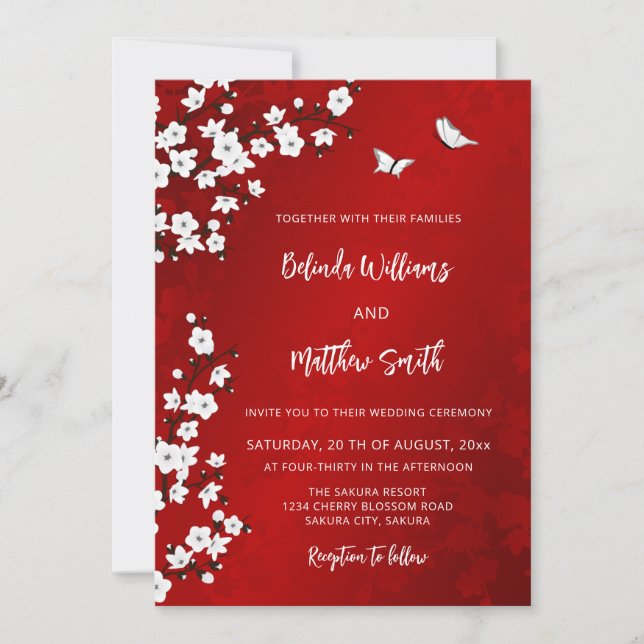White  Red Cherry Blossom | Wedding Invitation (Front)