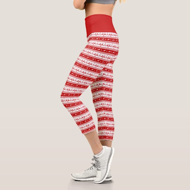 White & Red Christmas Deer and Sleigh Pattern Capri Leggings (Left)