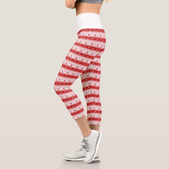 White & Red Christmas Deer Heads Pattern Capri Leggings (Left)