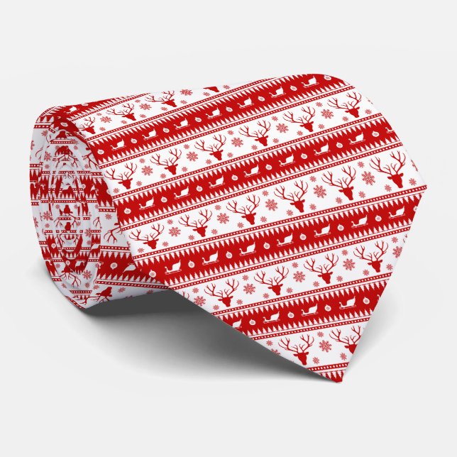 White & Red Christmas Deer Heads Pattern Tie (Rolled)