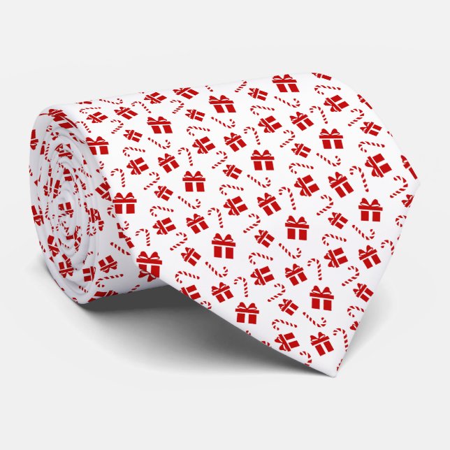 White & Red Christmas Gift and Candy Cane Pattern Tie (Rolled)