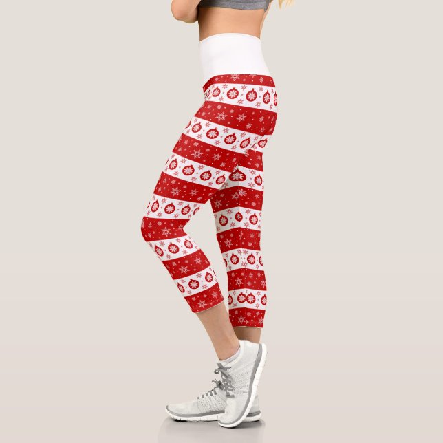 White & Red Christmas Snowflakes and Balls Capri Leggings (Left)