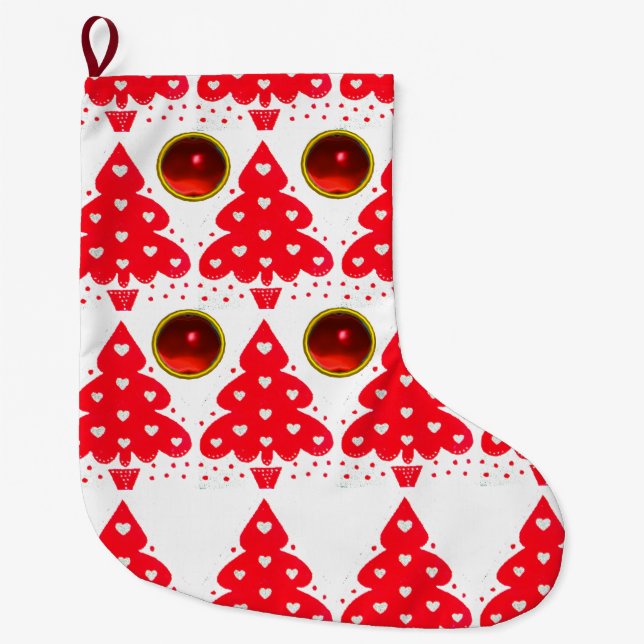 WHITE RED CHRISTMAS TREE WITH HEARTS LARGE CHRISTMAS STOCKING (Front)