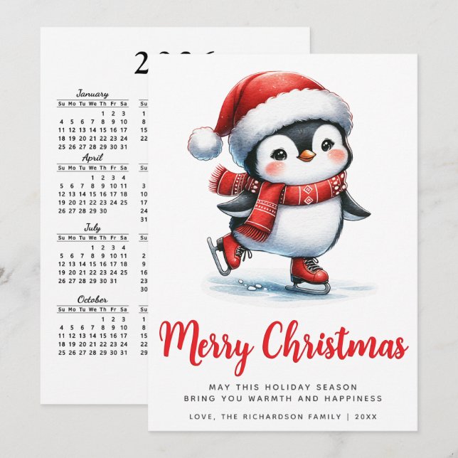 White Red Cute Ice Skating Penguin Merry Christmas Holiday Card (Front/Back)