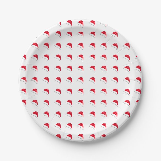 white red cute Santa Hat pattern Christmas paper Plate (Front)