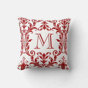 White & Red Damask Floral Swirls Monogram Cushion
