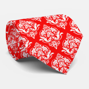 White & Red Floral Damask Geometric Pattern Tie