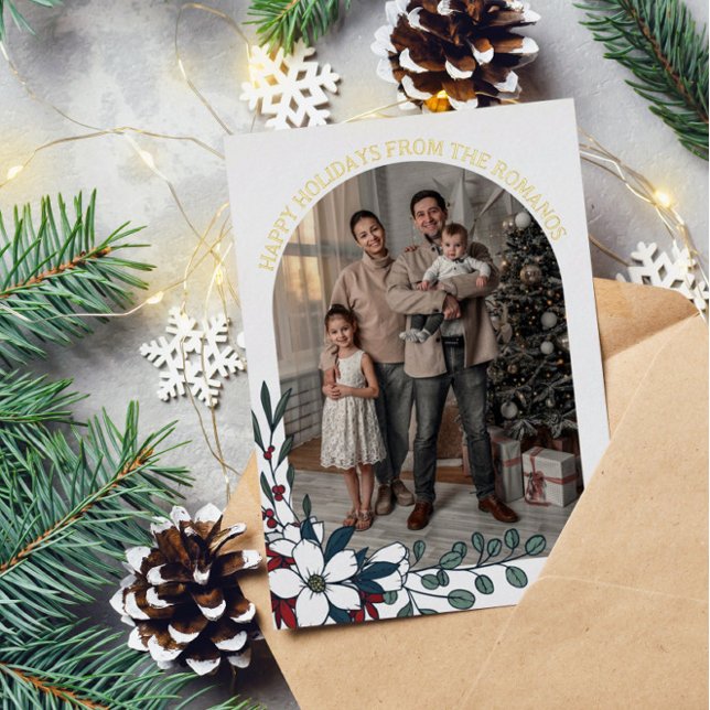 White Red Florals Arch Photo Happy Holidays Foil Holiday Card (Creator Uploaded)