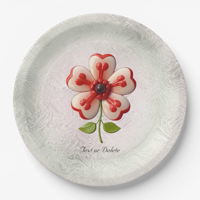 White Red Flower Paper Plate (Front)