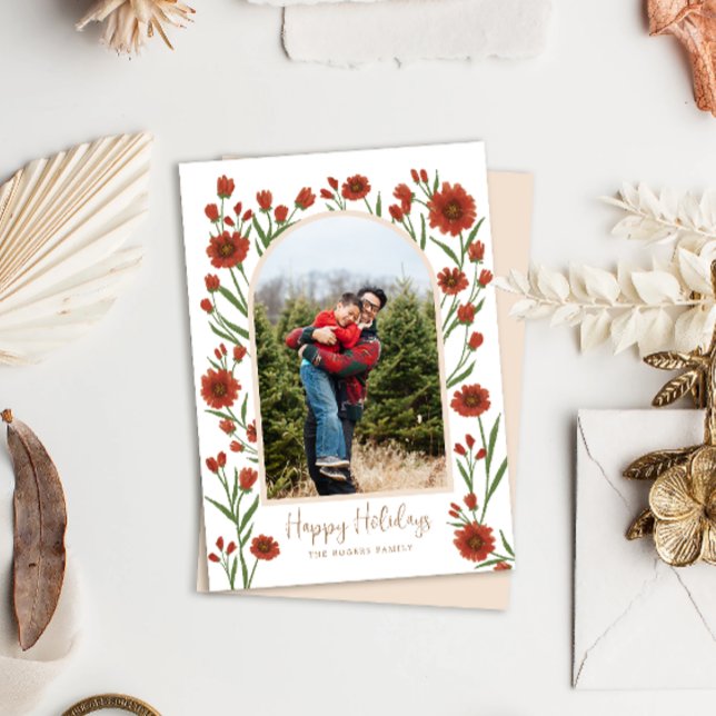 White Red Flowers Boho Arched Photo Holiday Card (Creator Uploaded)